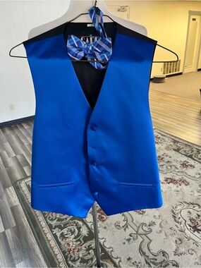 Men’s Royal Blue Satin Vest with Matching Plaid Bow Tie